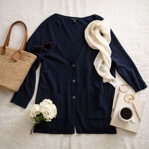 Eileen Fisher 100% Wool Navy Button Front Cardigan Large Quiet Luxury